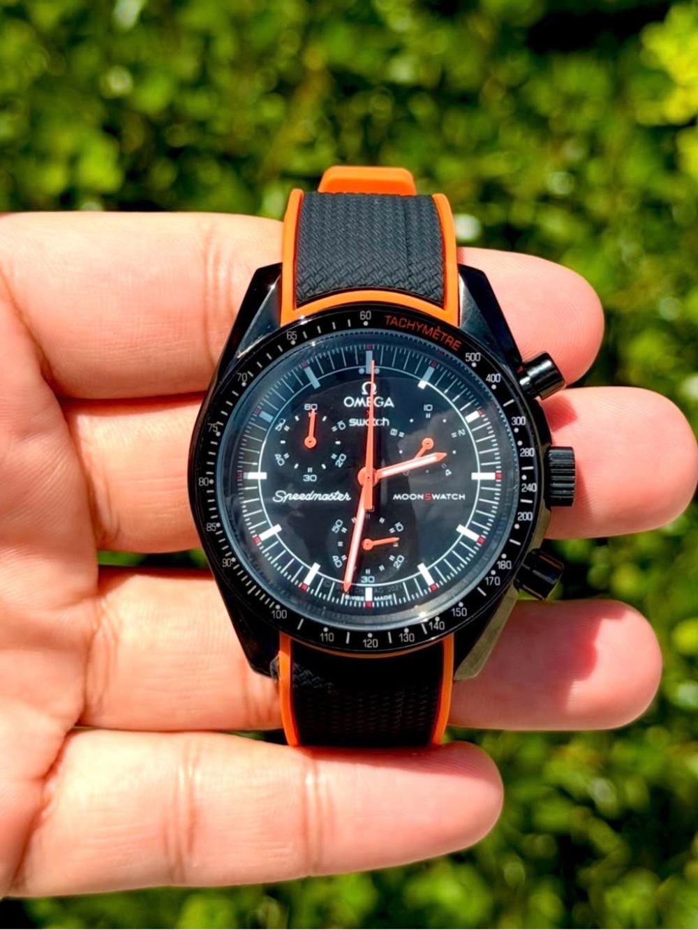 Omega Mission to Earth Lava Black Case Mod on black/orange rubber strap